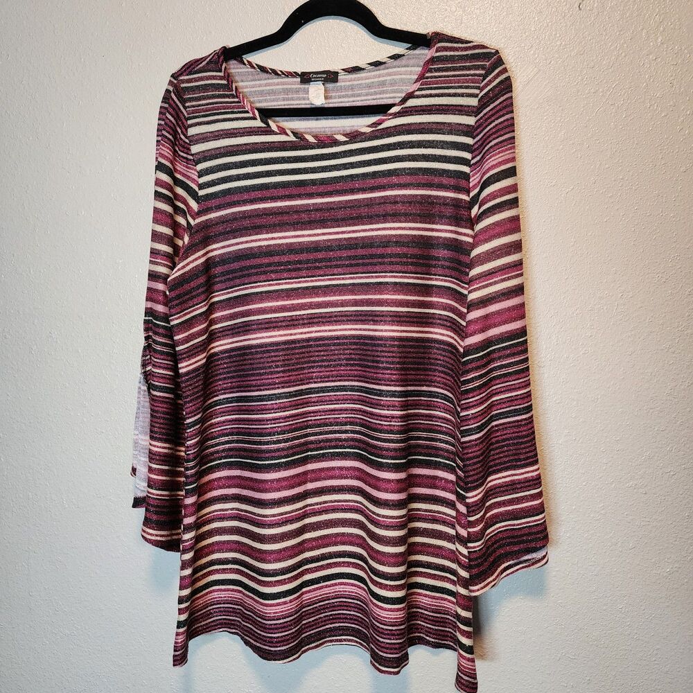 Cocomo Woman Metallic Striped Bell Sleeve Open Knit Sweater Tunic Top - Size 2X